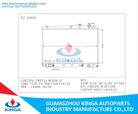 PREVIA MCR30 OEM 16400-20170 PA 16/22를 위한 2003년 Toyota 방열기에 협력 업체